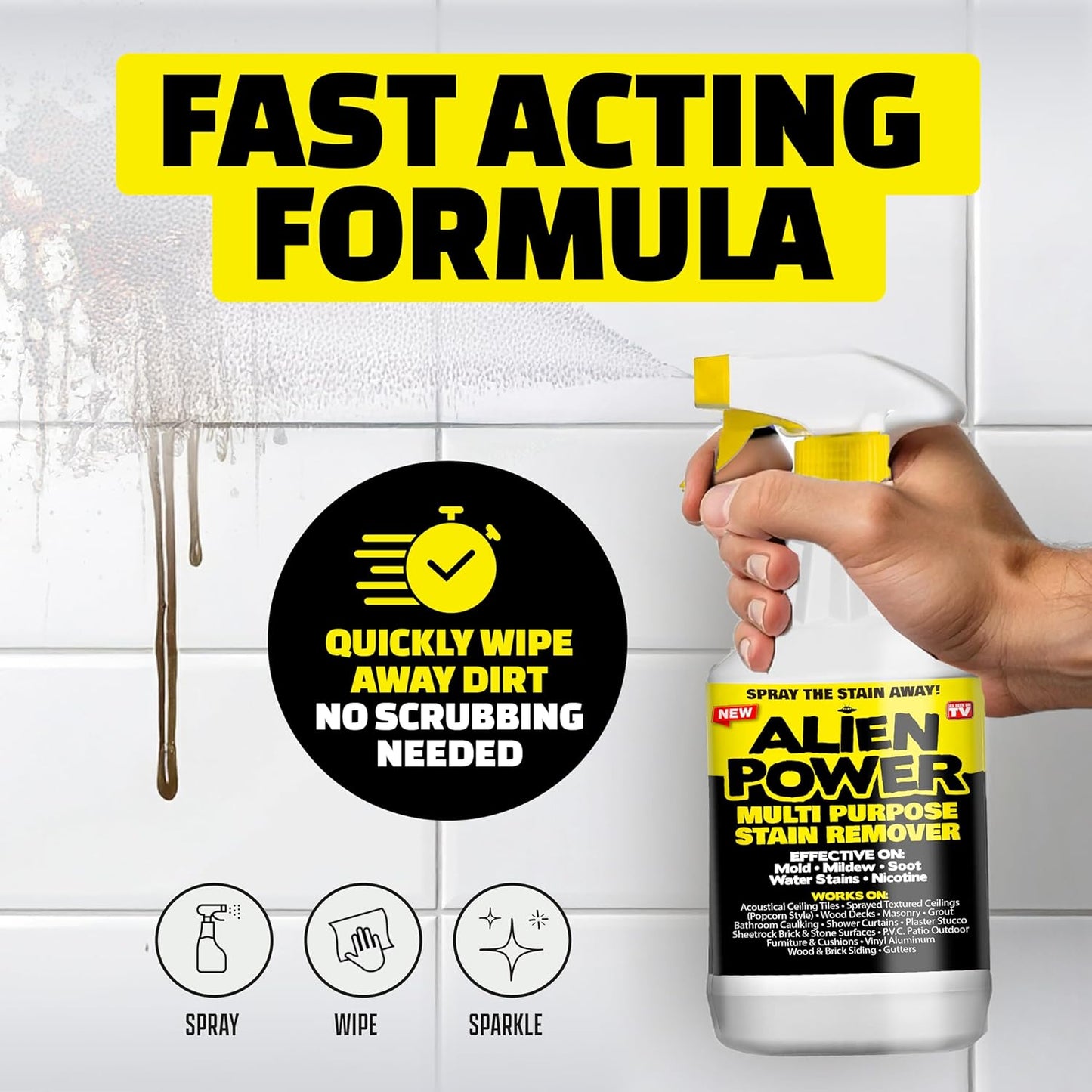 Alien Power Instant Stain Remover Spray for Bathroom & Household Surfaces, No-Scrub Formula for Tiles, Grout & Washing Machines (2 Packets + 24oz Spray Bottle)