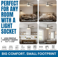 Bell+Howell Socket Breeze 15.4" Socket Fan Light – Portable Low Profile Ceiling Fans with Lights and Remote Control for Bedroom, Kitchen, Living Room - Silver, Warm Light - Amazon.com