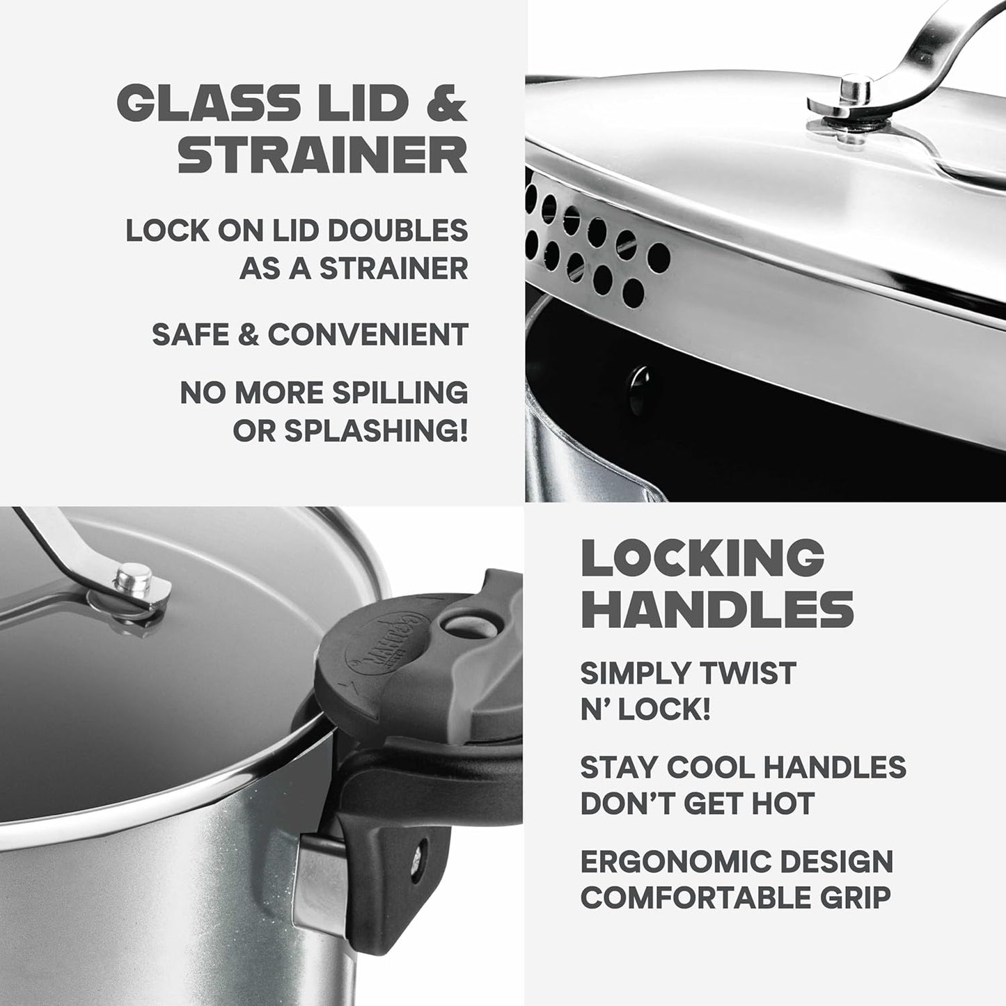 GOTHAM STEEL 8 Qt Stainless Steel Stock Pot Multipurpose Pasta Pot with Strainer Lid & Twist and Lock Handles, for Soup, Spaghetti, Rice, Induction Ready, Dishwasher Safe