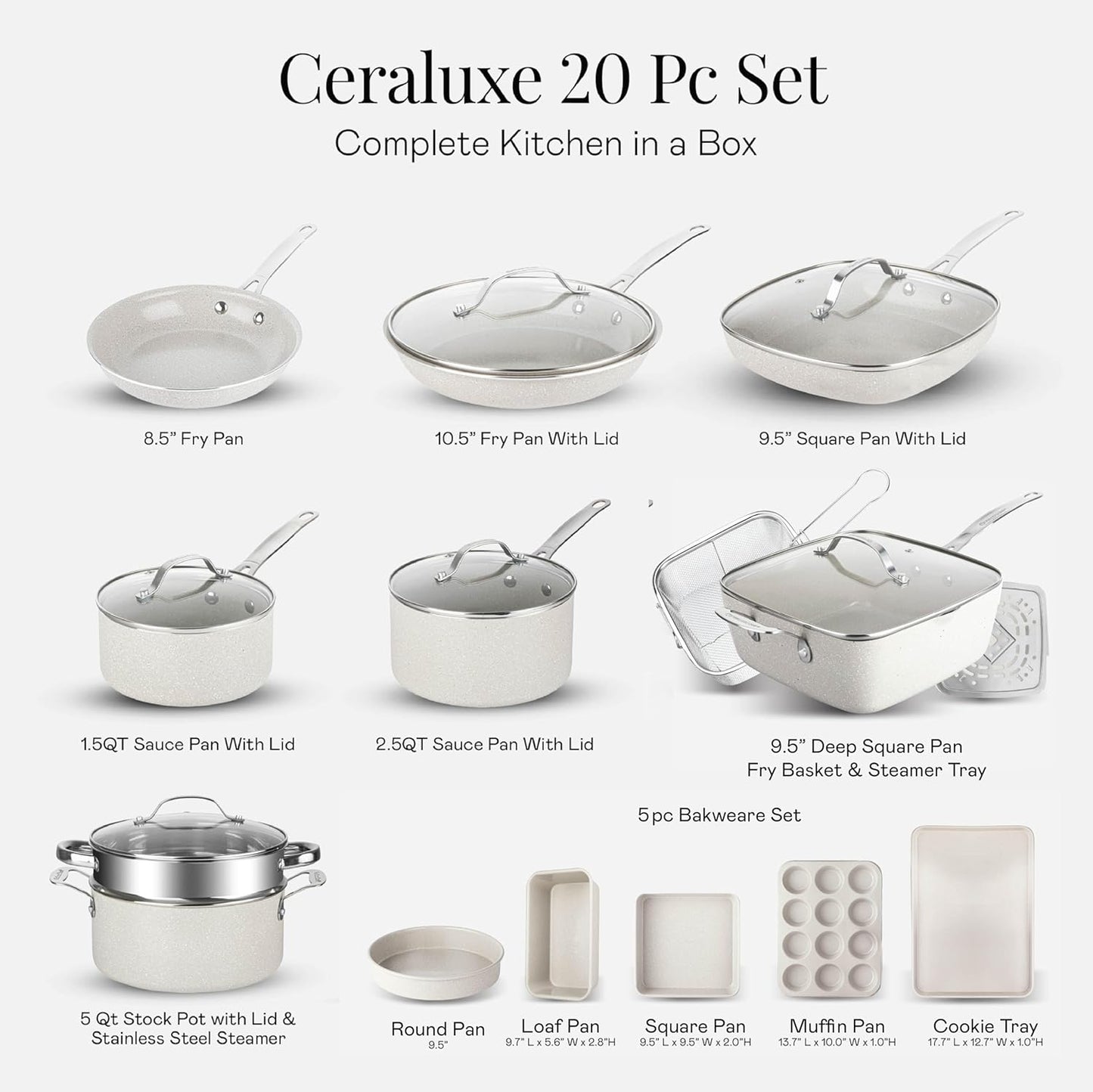 Granitestone 20 Pc Ceramic Cookware Set Nonstick, Complete Pots and Pans Set Non Stick for Kitchen with 5 Pc Bakeware Set, Deep Frying Pan Set, & Steamer, Non Toxic PFOA Free, Oven & Dishwasher Safe