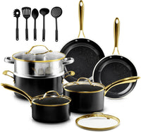Gotham Steel 15 Pc Ceramic Cookware Set Nonstick, Ceramic Pots and Pans Set Non Stick with Steamer & Cooking Utensils, Non Toxic PFOA PFOS Free, Premium Stay Cool Handles, Oven & Dishwasher Safe: Home & Kitchen — Black/Gold