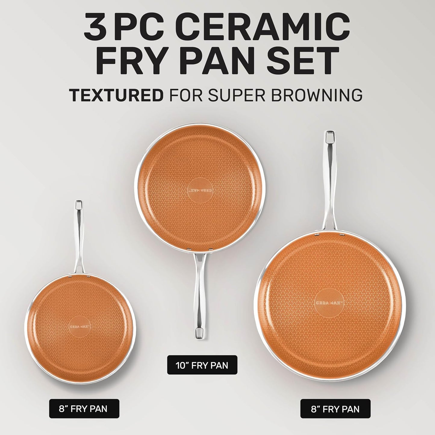 Ceramax Hybrid 3pc Stainless Steel Non Stick Frying Pans Set, 8 10 12 inch Ceramic Frying Pan Skillet Set, Induction Ready, Made without PFAS & PFOA, Oven and Dishwasher Safe - Copper