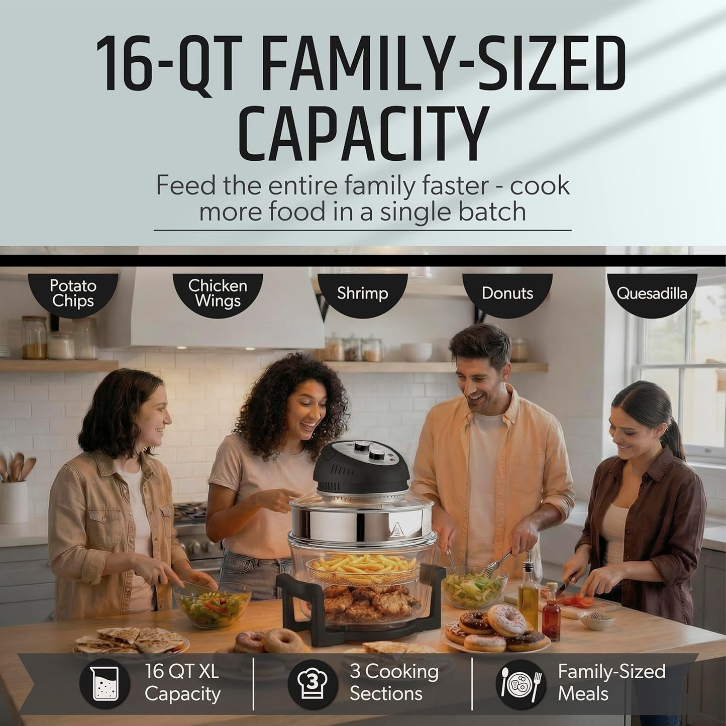 Granitestone 16 Qt Large Glass Air Fryer Non Toxic – Family Sized Airfyrer Cooker with 3 Cooking Sections, Stainless Steel Racks, No Preheat, Self Cleaning, Dishwasher Safe - Black