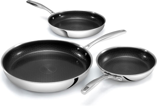 Ceramax Hybrid 3pc Stainless Steel Non Stick Frying Pans Set, 8 10 12 inch Ceramic Frying Pan Skillet Set, Induction Ready, Made without PFAS & PFOA, Oven and Dishwasher Safe - Black