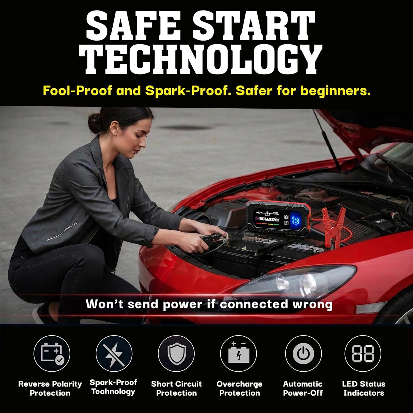 Bullseye Safety XL 1000A Car Battery Jump Starter Box with Jumper Cables, 12V Car Jump Starter Portable Booster for 6.0L Gas and 3.0L Diesel Engines, 1800 mAh Rechargeable, Reverse Polarity Protection