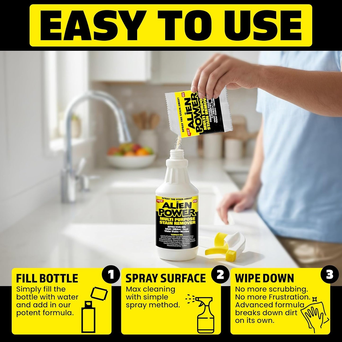 Alien Power Instant Stain Remover Spray for Bathroom & Household Surfaces, No-Scrub Formula for Tiles, Grout & Washing Machines (2 Packets + 24oz Spray Bottle)