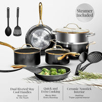 Gotham Steel 15 Pc Ceramic Cookware Set Nonstick, Ceramic Pots and Pans Set Non Stick with Steamer & Cooking Utensils, Non Toxic PFOA PFOS Free, Premium Stay Cool Handles, Oven & Dishwasher Safe: Home & Kitchen — Black/Gold