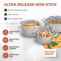 Granitestone Nonstick Stackable Pots and Pans Set, 6 Stackable Pieces (5qt, 3qt and 1.5qt with Lids), Stay Cool Handles, Dishwasher Safe, 100% Toxin Free Non Stick Coating - 1 Pack, Gray: Home & Kitchen