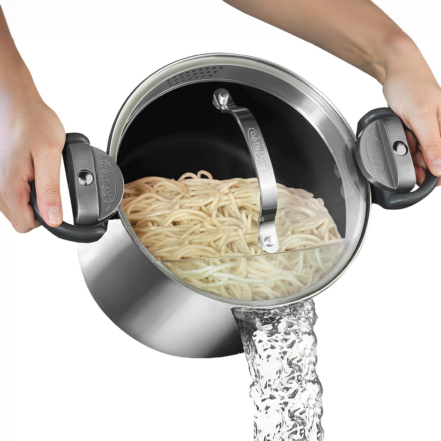 GOTHAM STEEL 5 Qt Stainless Steel Stock Pot Multipurpose Pasta Pot with Strainer Lid & Twist and Lock Handles, for Soup, Spaghetti, Rice, Induction Ready, Dishwasher Safe