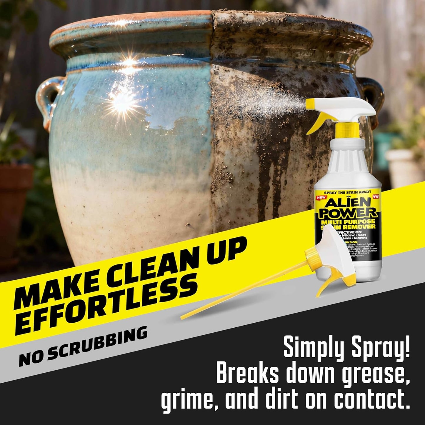 Alien Power Instant Stain Remover Spray for Bathroom & Household Surfaces, No-Scrub Formula for Tiles, Grout & Washing Machines (2 Packets + 24oz Spray Bottle)