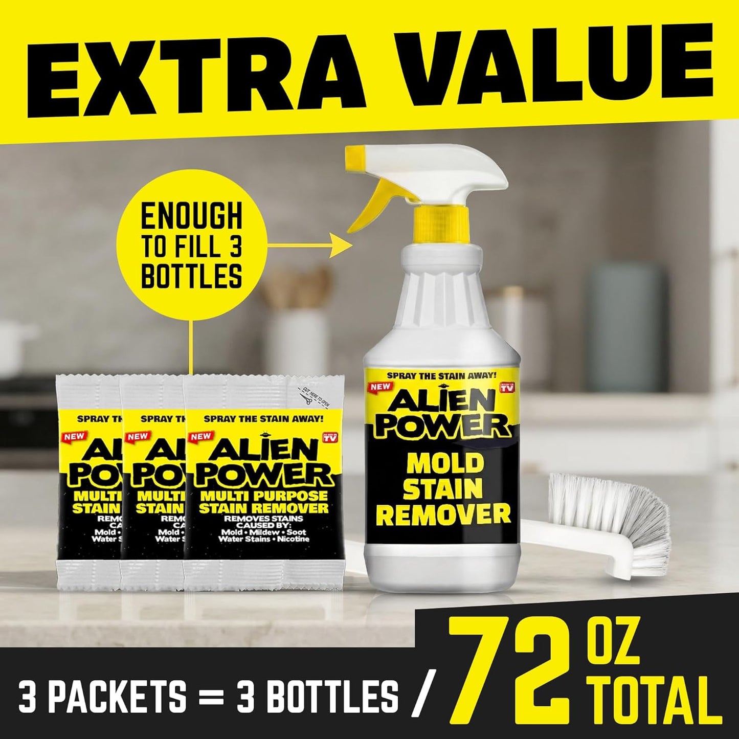 Alien Power Instant Stain Remover Spray for Bathroom & Household Surfaces, No-Scrub Formula for Tiles, Grout & Washing Machines (2 Packets + 24oz Spray Bottle)