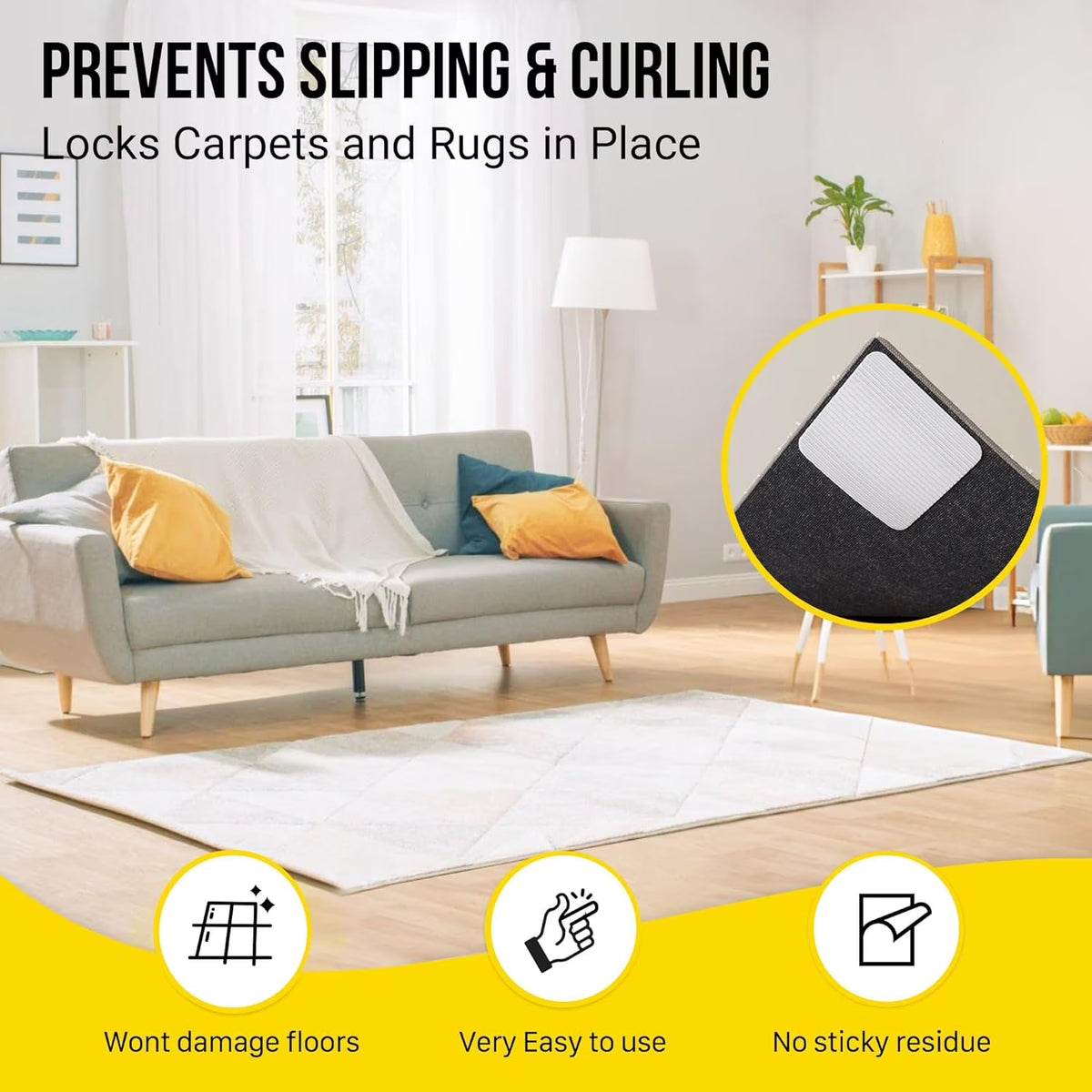 Alien Grip Rug Gripper Carpet Tape - 12pcs, 4x4 in. Anti-Slip Hardwood, Tile Floor, No Damage - Double Sided Reusable, Non Slip Corner Rug Pads - As Seen on TV