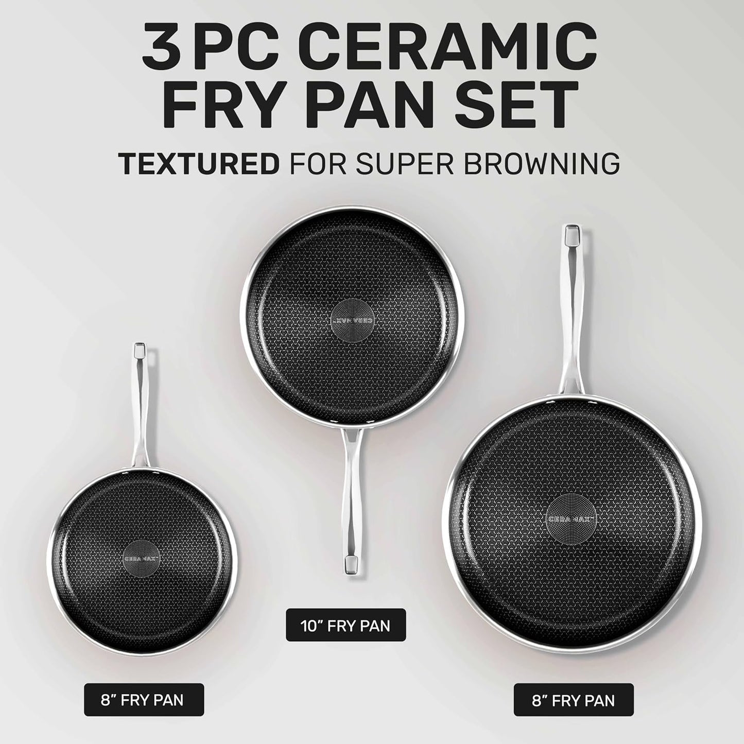 Ceramax Hybrid 3pc Stainless Steel Non Stick Frying Pans Set, 8 10 12 inch Ceramic Frying Pan Skillet Set, Induction Ready, Made without PFAS & PFOA, Oven and Dishwasher Safe - Black