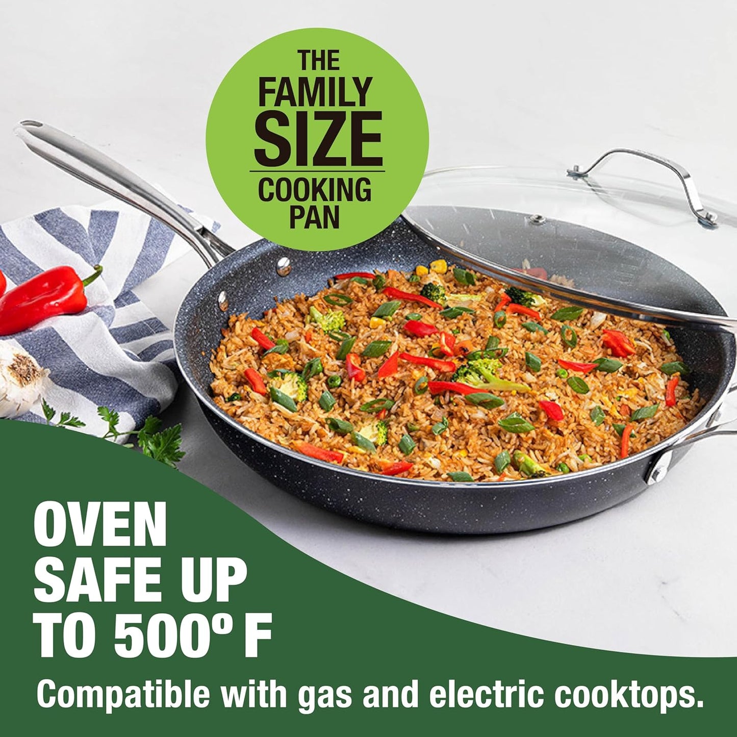 Granitestone 14 Inch Large Frying Pan with Lid, Ceramic Non Stick Frying Pans Skillet, Non Toxic Frying Pans Nonstick for Sauté & Cooking, PFAS & PFOA Free, Oven & Dishwasher Safe