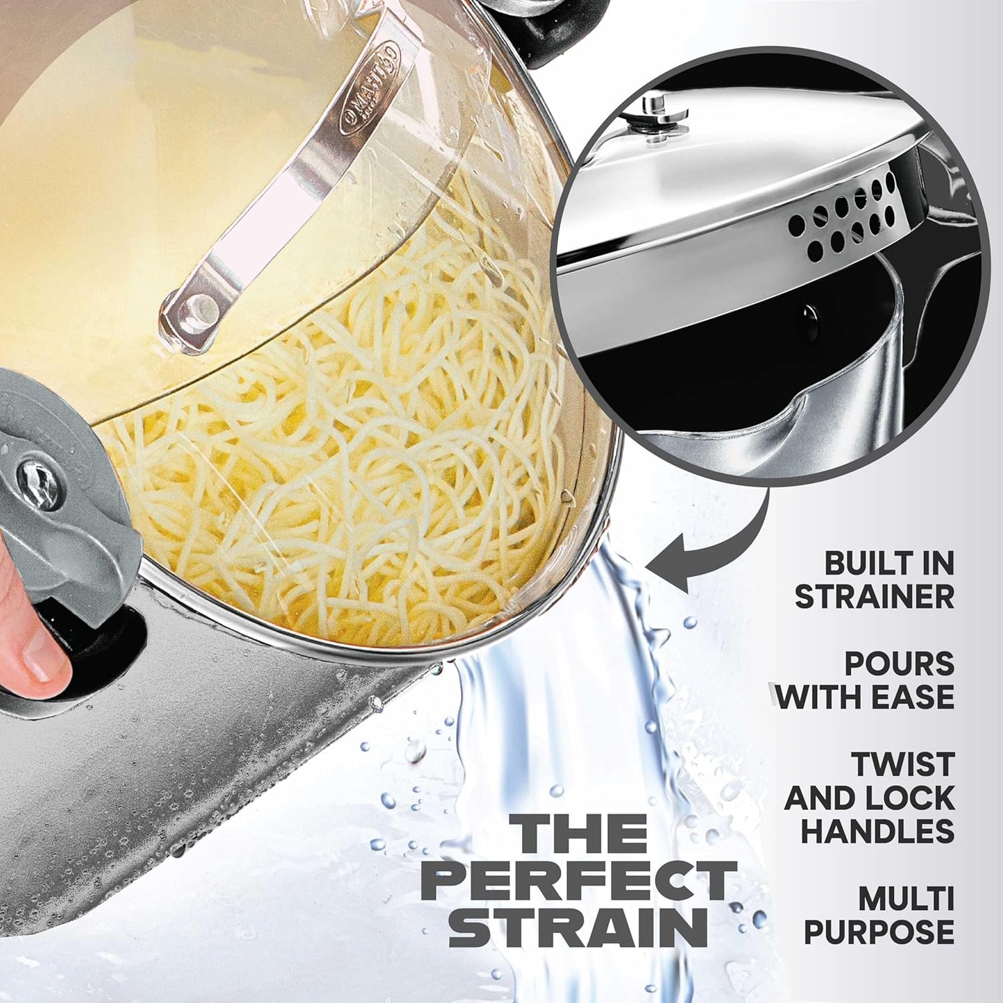 GOTHAM STEEL 5 Qt Stainless Steel Stock Pot Multipurpose Pasta Pot with Strainer Lid & Twist and Lock Handles, for Soup, Spaghetti, Rice, Induction Ready, Dishwasher Safe