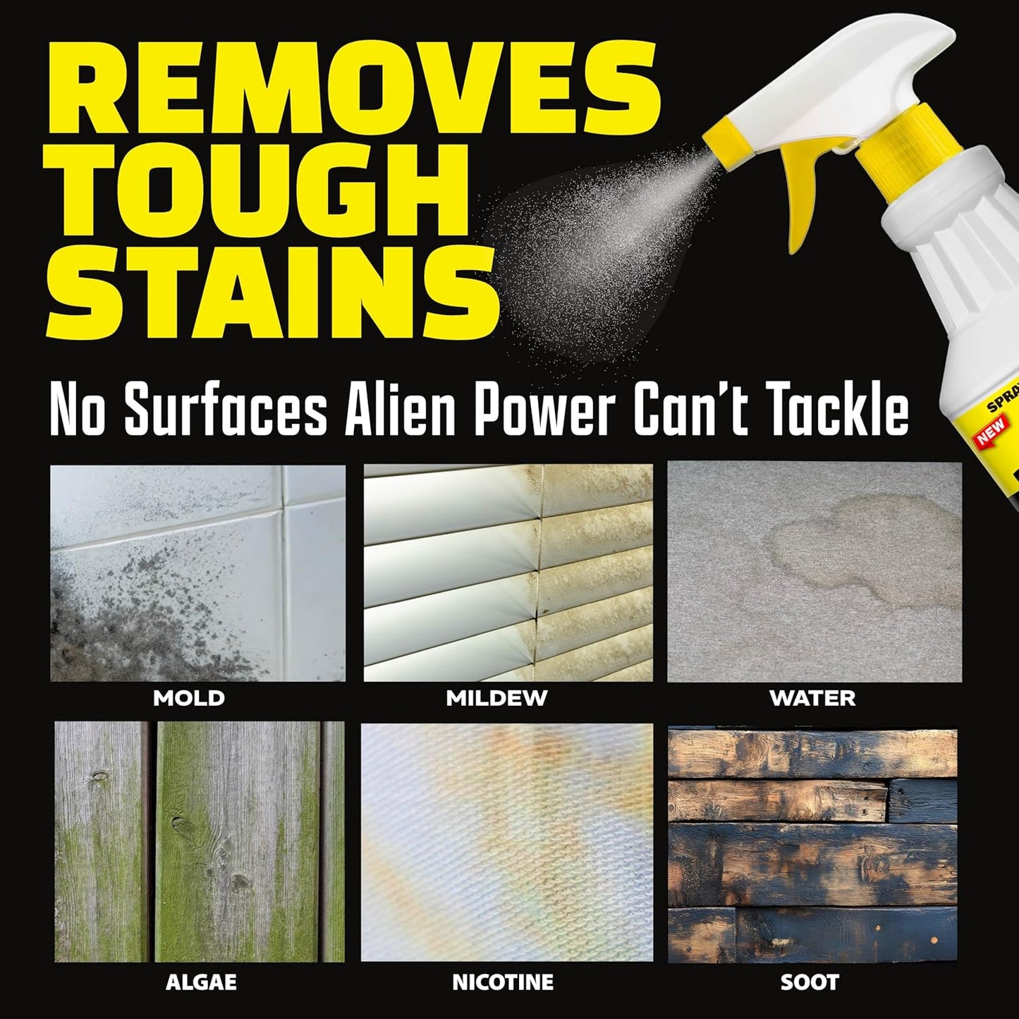 Alien Power Instant Stain Remover Spray for Bathroom & Household Surfaces, No-Scrub Formula for Tiles, Grout & Washing Machines (2 Packets + 24oz Spray Bottle)