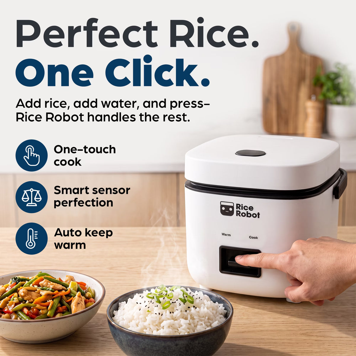 Rice Robot Personal Electric Rice Cooker & Steamer, 4 Cup, Nonstick, with Steamer Tray, White/Black