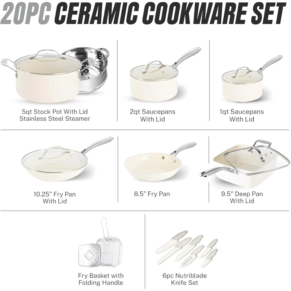 Gotham Steel 20 Pc Ceramic Pots and Pans Set Non Stick, Kitchen Cookware Sets with Knife Set, Pot and Pan Set, Ceramic Cookware Set, Non Stick Pots and Pan Set, Oven and Dishwasher Safe