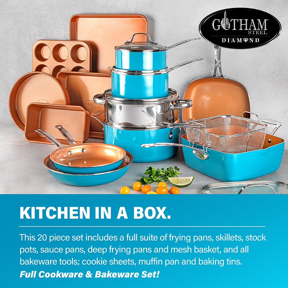 Gotham Steel 32 Pc Pots and Pans Set Nonstick Cookware + Bakeware Set, Complete Ceramic for Kitchen, Non Stick with Lids, Dishwasher / Oven Safe, Toxic - Blue