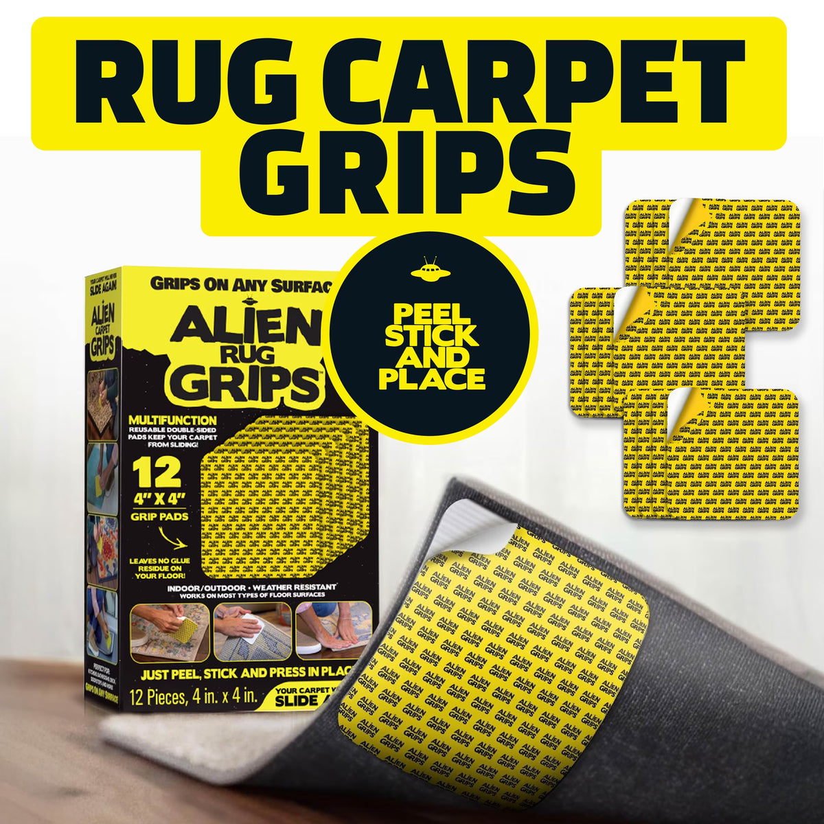Alien Grip Rug Gripper Carpet Tape - 12pcs, 4x4 in. Anti-Slip Hardwood, Tile Floor, No Damage - Double Sided Reusable, Non Slip Corner Rug Pads - As Seen on TV