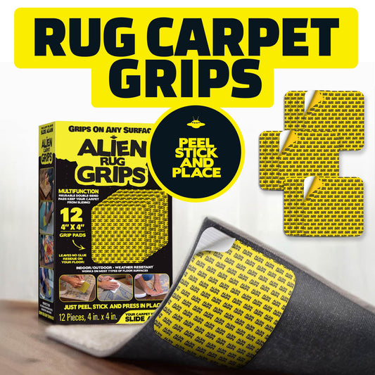 Alien Grip Rug Gripper Carpet Tape - 12pcs, 4x4 in. Anti-Slip Hardwood, Tile Floor, No Damage - Double Sided Reusable, Non Slip Corner Rug Pads - As Seen on TV