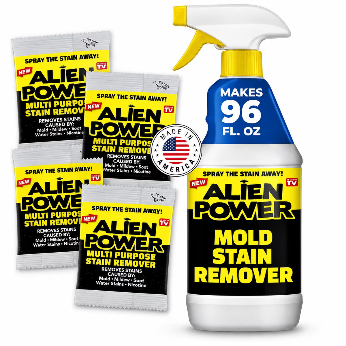 Alien Power Super Concentrated Multi-Purpose Stain Remover Set Mold Mildew Water Algae Cleaner Kit Spray Bottle, 4 Packets
