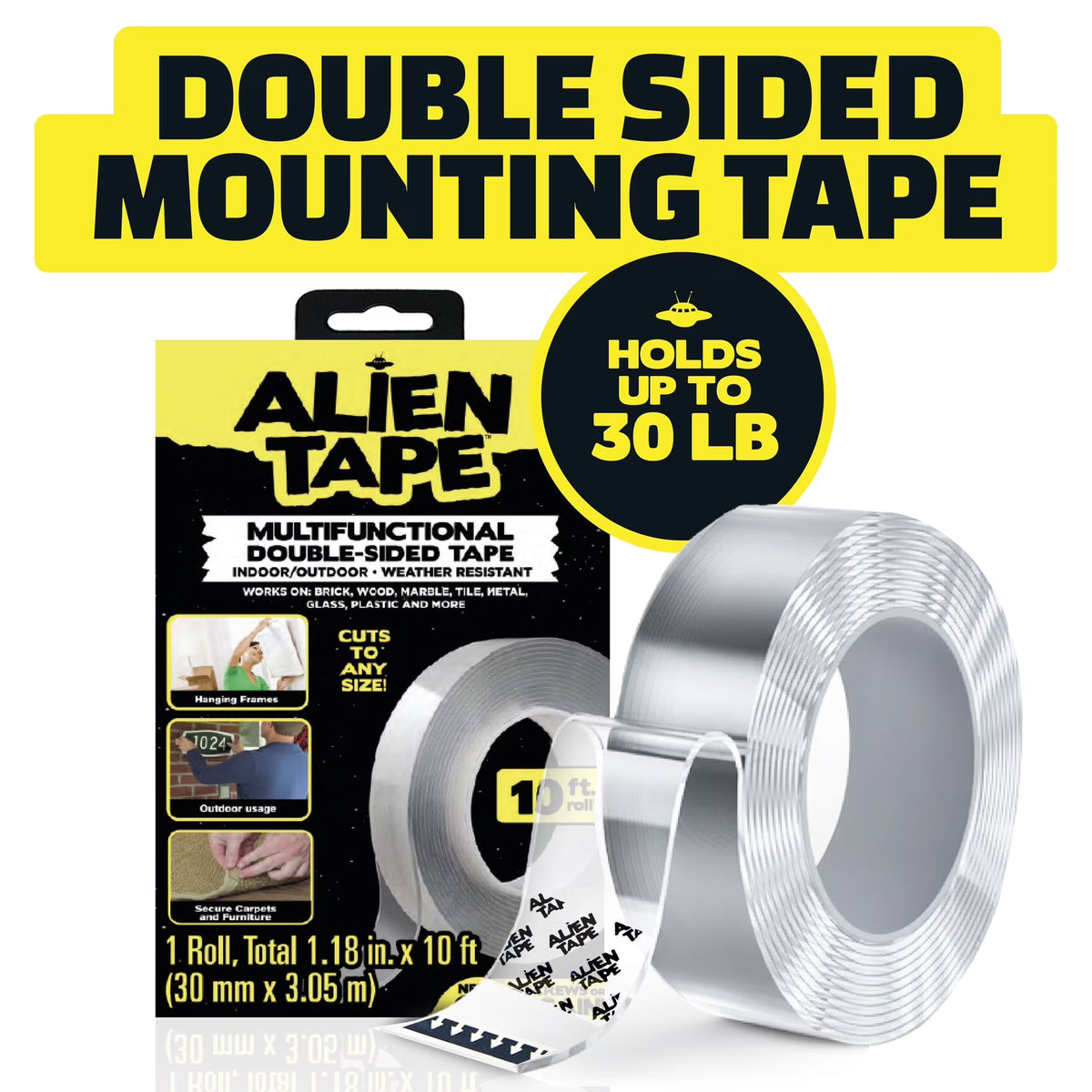 Alien Tape Double Sided Mounting Tape Heavy Duty Nano Two Sided Tape Clear Adhesive Grip, 1 Roll, 1.18 in x 10 ft
