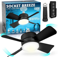 Bell+Howell Socket Breeze 15.4" Socket Fan Light with Remote | 3500K, 1000 Lumens, Portable, Small, Easy to Install Ceiling Fan Replacement for Bedroom, Kitchen, Living Room