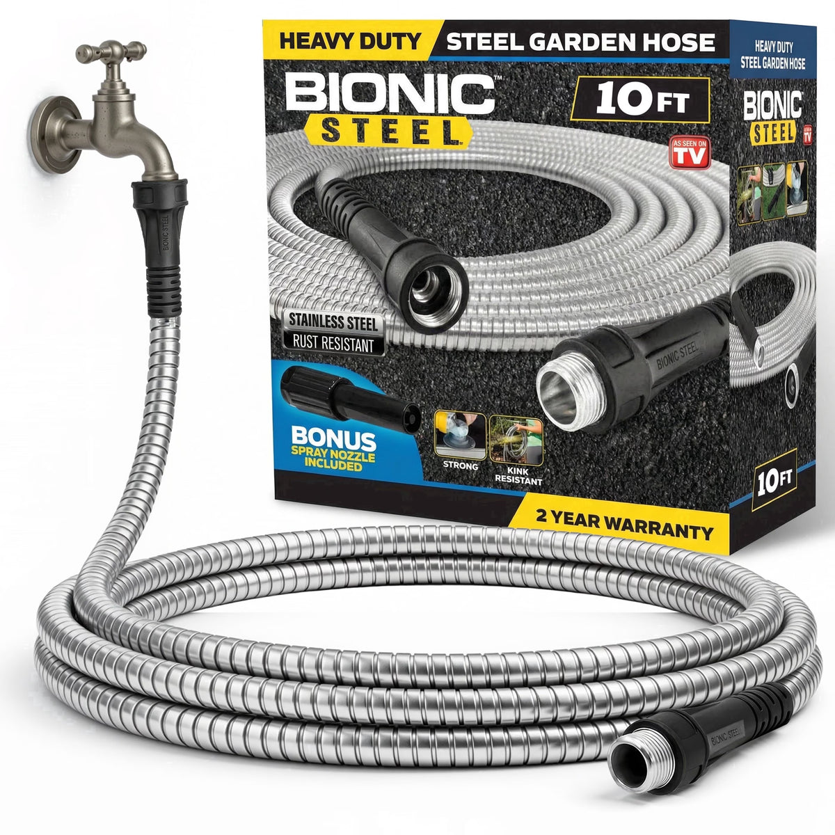 Bionic Steel 10Ft Short Garden Hose, 10 Ft x 5/8 In. Connector Hose for Reel, Leak Proof Connection, Heavy Duty, Non Kinking, Flexible Hose Extension