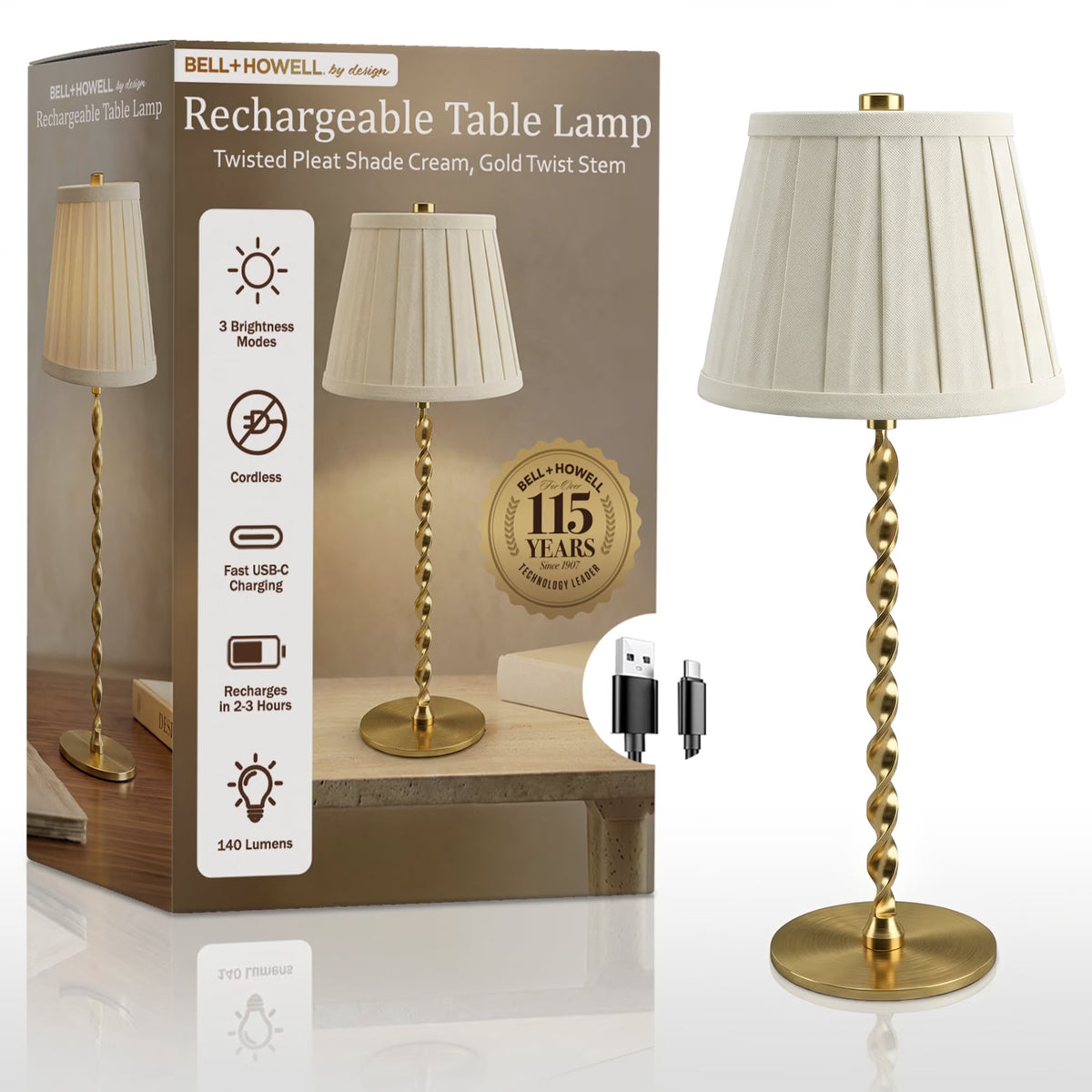 Bell + Howell Cordless Rechargeable LED Table Lamp Touch Control Dimmable 3 Modes USB-C Twisted Base White