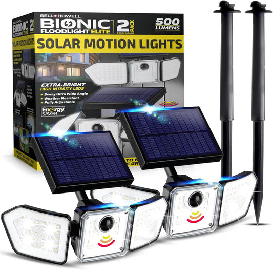 Bionic Flood Light 2 Pk Solar Lights Outdoor Waterproof, Ultra Bright 89 LEDs, 3 Heads Wide Angle Motion Sensor Outdoor Lights for Security, Wall, House, Spot Light, IP65 Waterproof – Stakes Included