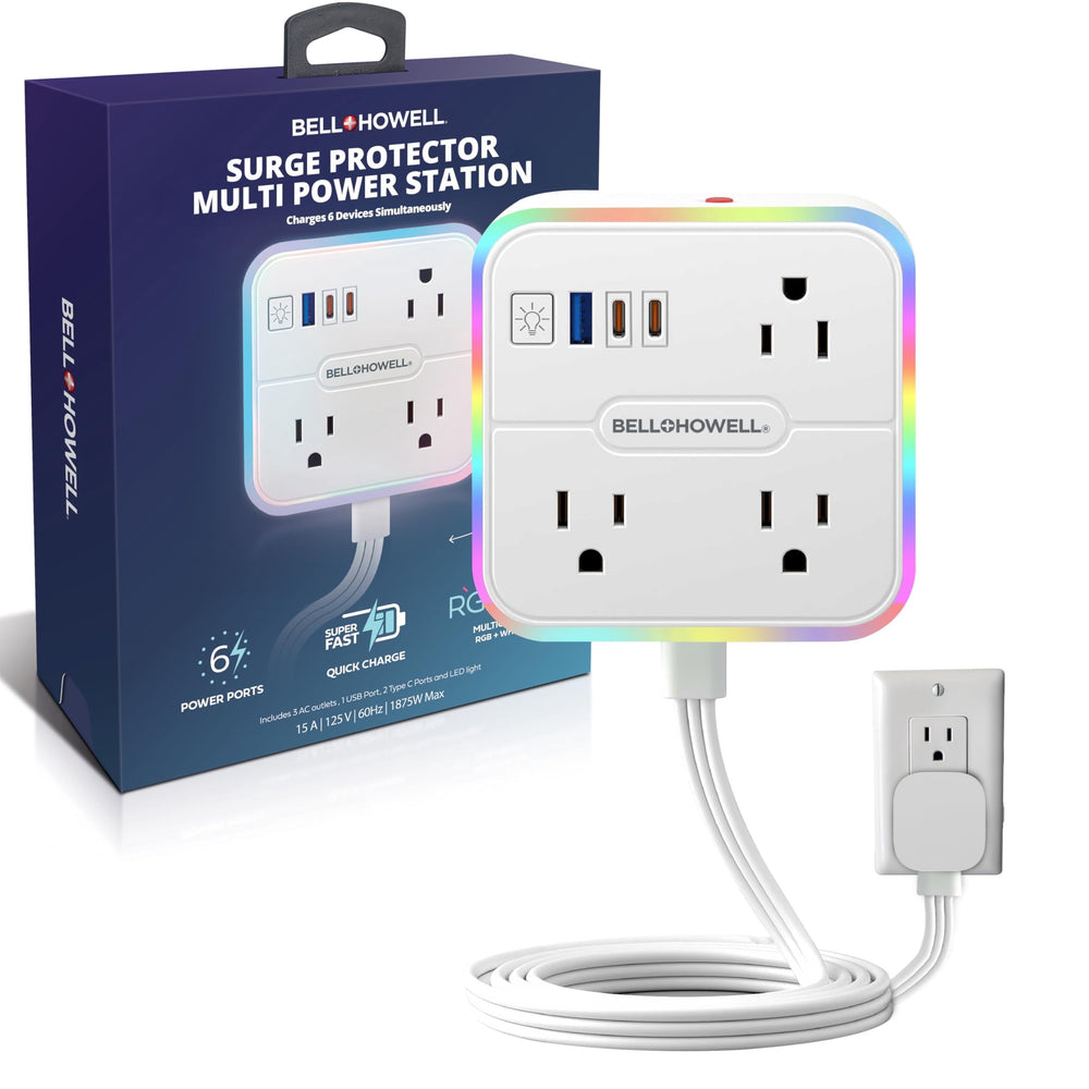 Bell + Howell Surge Protector Outlet with USB Ports, Extension Cord Flat Wall Plug with 3 AC, 1 USB and 2 Type-C Ports, Night Light Multi Power Station with LED Lights, Fast Charging 6 Ft Cord