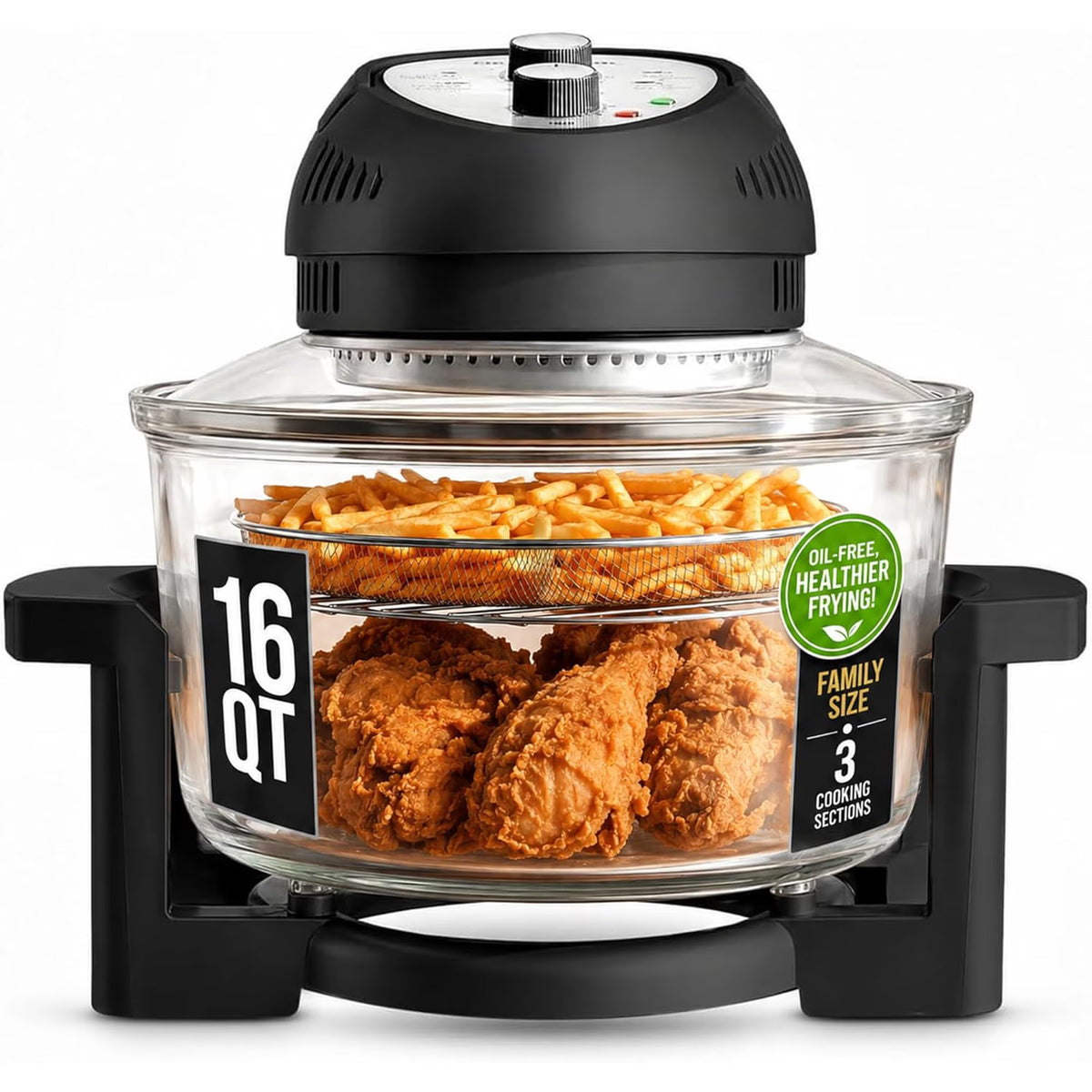 Granitestone 16Qt Large Glass Air Fryer Non Toxic – Family Sized Airfryer Cooker with 3 Cooking Levels, Stainless Steel Racks, Chicken, No Preheat, Self Cleaning, Dishwasher Safe, Black