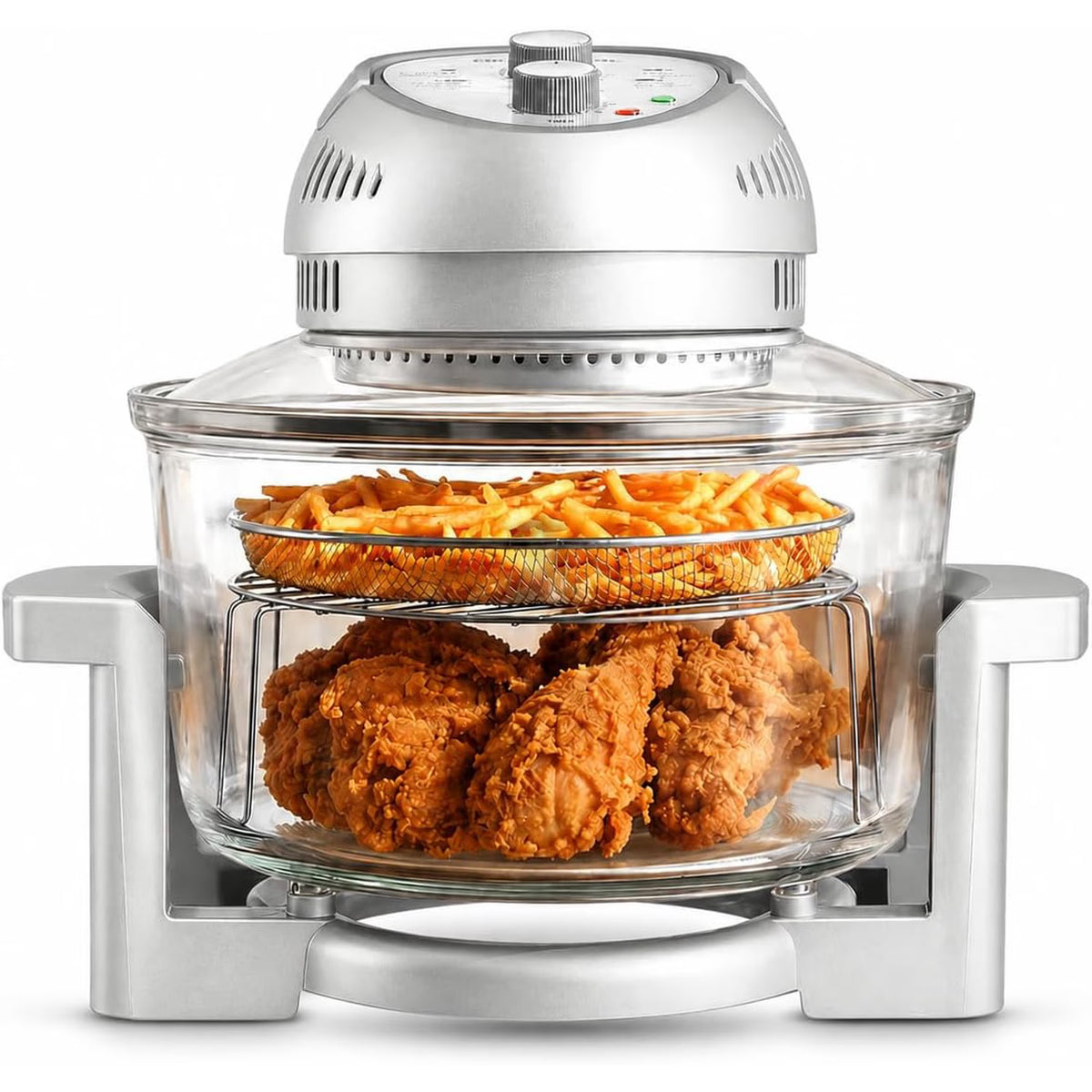 Granitestone 16 Qt Large Glass Air Fryer Non Toxic – Family Sized Airfyrer Cooker with 3 Cooking Sections, Stainless Steel Racks, No Preheat, Self Cleaning, Dishwasher Safe - Silver