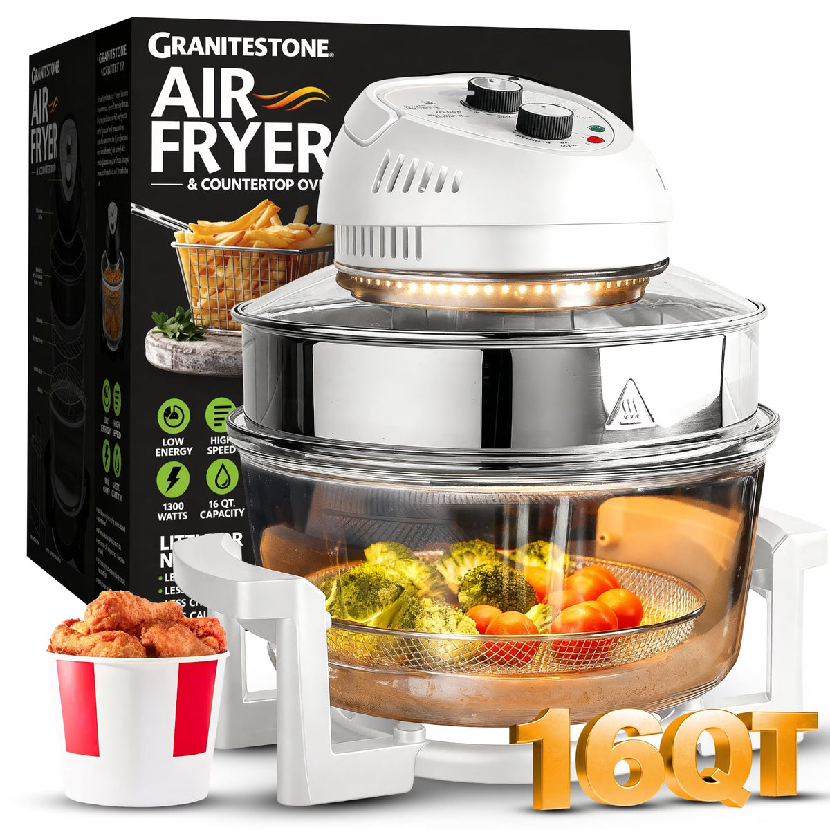 Granitestone 16Qt Large Glass Air Fryer Non Toxic – Family Sized Airfryer Cooker with 3 Cooking Levels, Stainless Steel Racks, Chicken, No Preheat, Self Cleaning, Dishwasher Safe, White