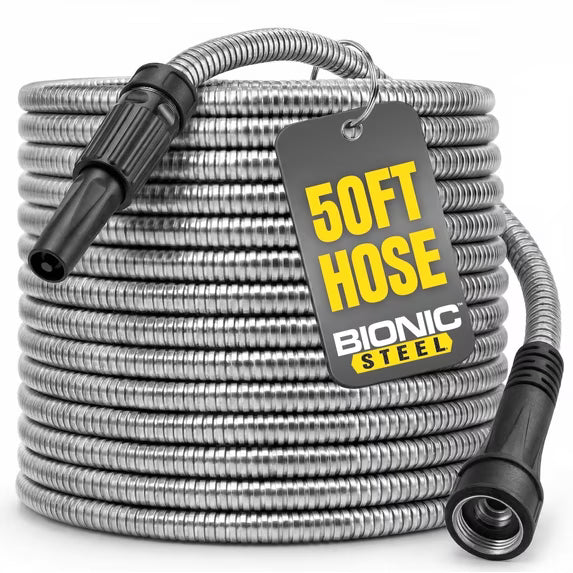 BIONIC STEEL 50 Ft Metal Garden Hose with Sprayer Nozzle, Non Kinking Designed Stainless Steel Heavy Duty Water Hose 50 Ft x 5/8 in. Flexible NON Expandable for Uninterrupted Water Flow, 500 PSI