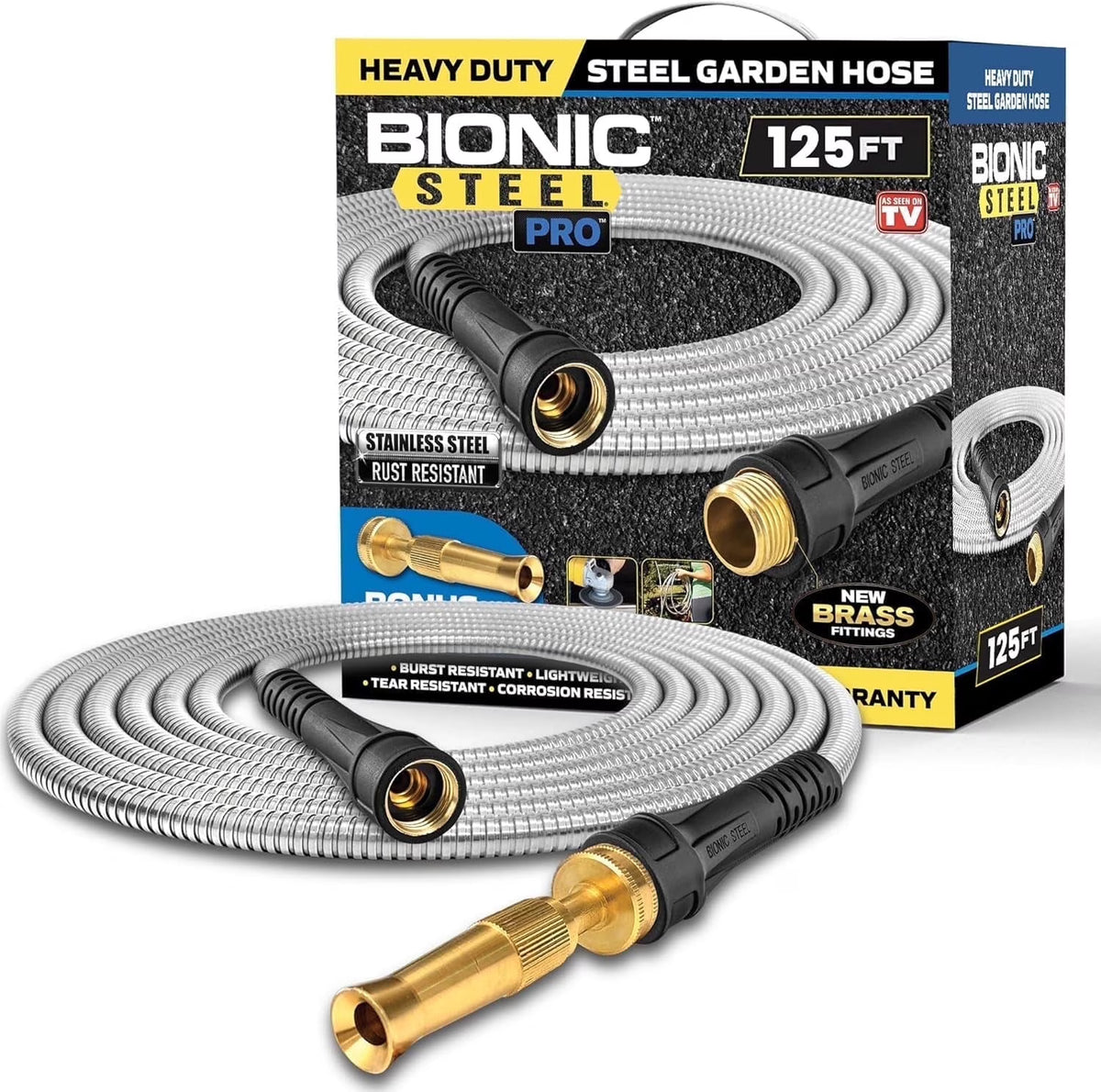 Bionic Steel Pro 125 FT Garden Hose with Nozzle, 304 Stainless Steel Metal Water Hose 125Ft, Flexible Hose, Kink Free, Lightweight and Durable, Crush Resistant Fitting, Easy to Coil, 500PSI