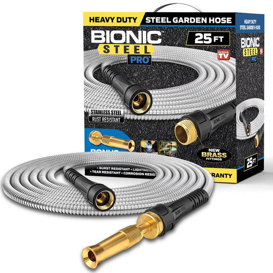 Bionic Steel Pro Garden Hose 25' ft Water Hose Outside Heavy Duty Metal Hose Stainless Steel w/ Spray Nozzle Kink-Free