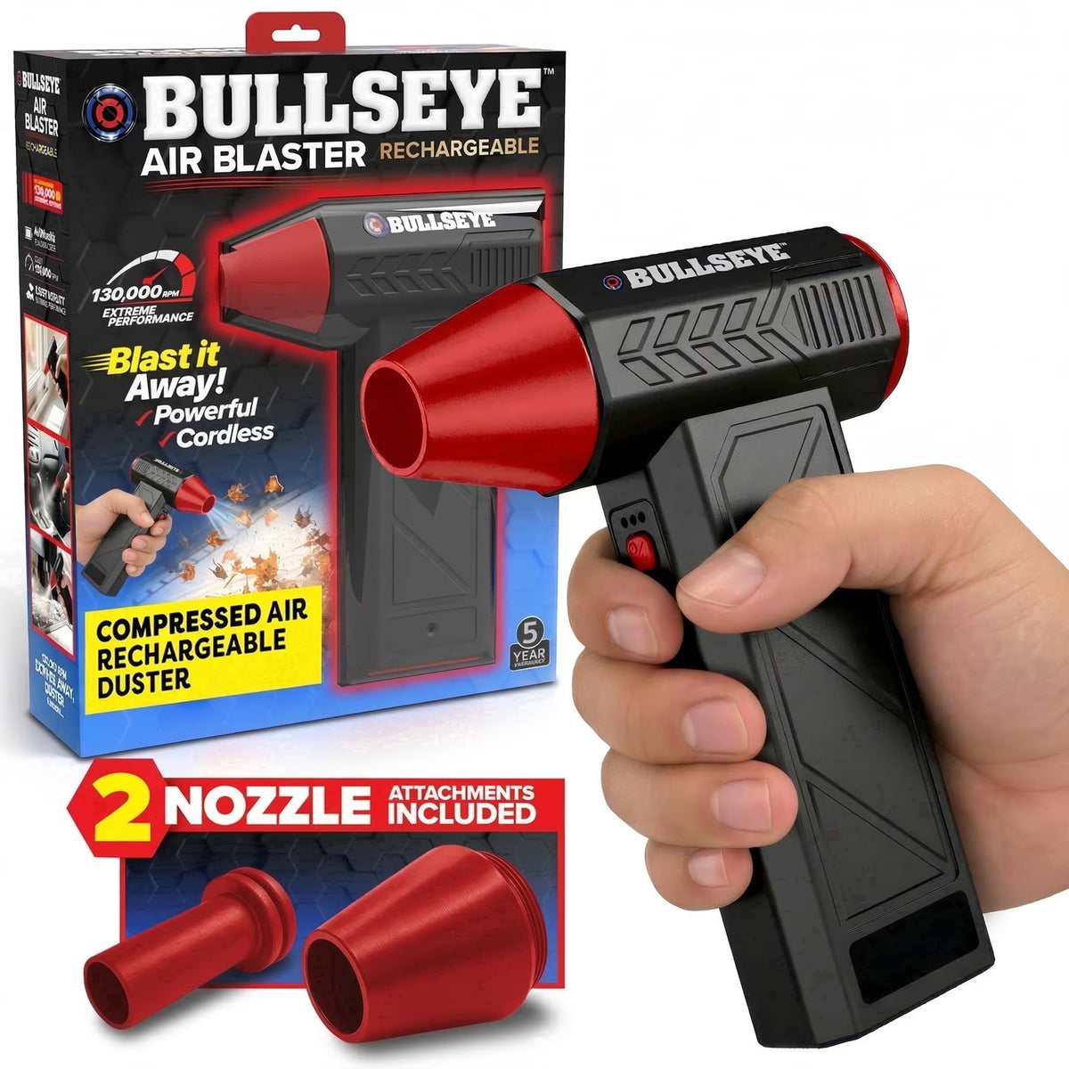 Bullseye Blaster Rechargeable Electric Air Duster, Cordless Leaf Blower, Compressed Air Blower, Keyboard Duster Blower 130,000 RPM, USB-C Fast Charging, 4000mAh, 2 Nozzles Included
