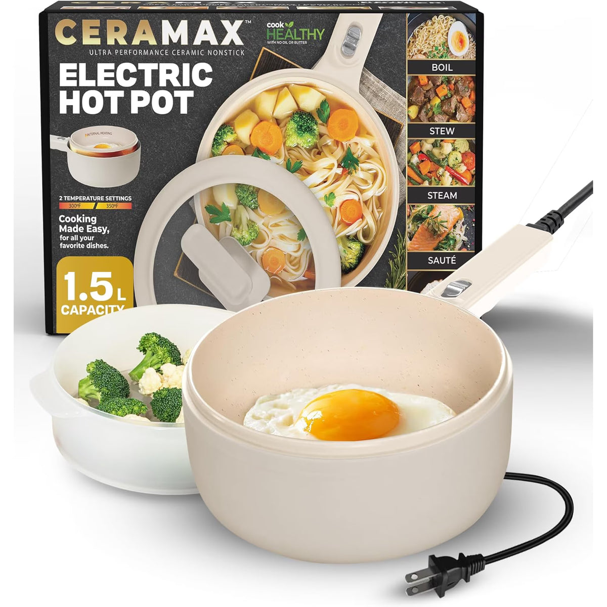 Ceramax Electric Hot Pot 1.5L Nonstick Ceramic Skillet Pan, Electric pot Mini Cooker with Lid, Hot Pot Electric Steamer for Frying Eggs Ramen, Electric Skillet, As Seen on TV