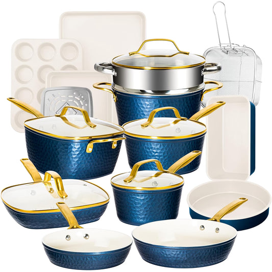 Gotham Steel Hammered 20 Pc Ceramic Cookware Set Nonstick, Induction Pots and Pans Set, Non Toxic Cookware Sets, Oven & Dishwasher Safe, Navy/Gold