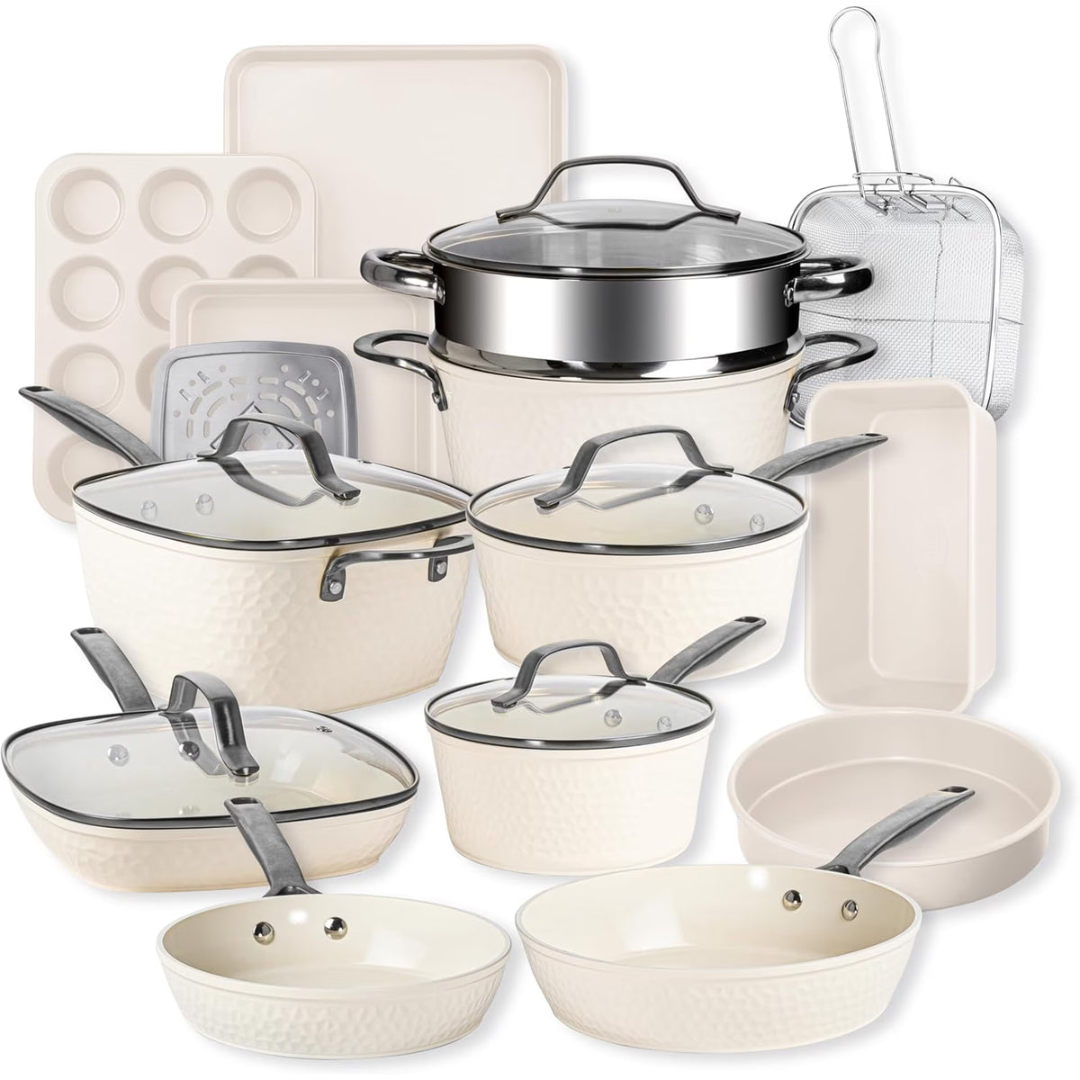 Gotham Steel Hammered 20Pcs Ceramic Cookware Set Nonstick, Induction Pots and Pans Set Non Stick with Deep Fry Pan, Steamer, and Bakeware, Non Toxic, Oven & Dishwasher Safe, Cream