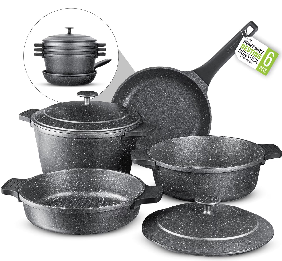 Granitestone 6Pcs Pots and Pans Set Nonstick,  Nesting Ceramic Cookware Set Nonstick, Induction & Oven Safe, Save 25% Space by Nesting, Black