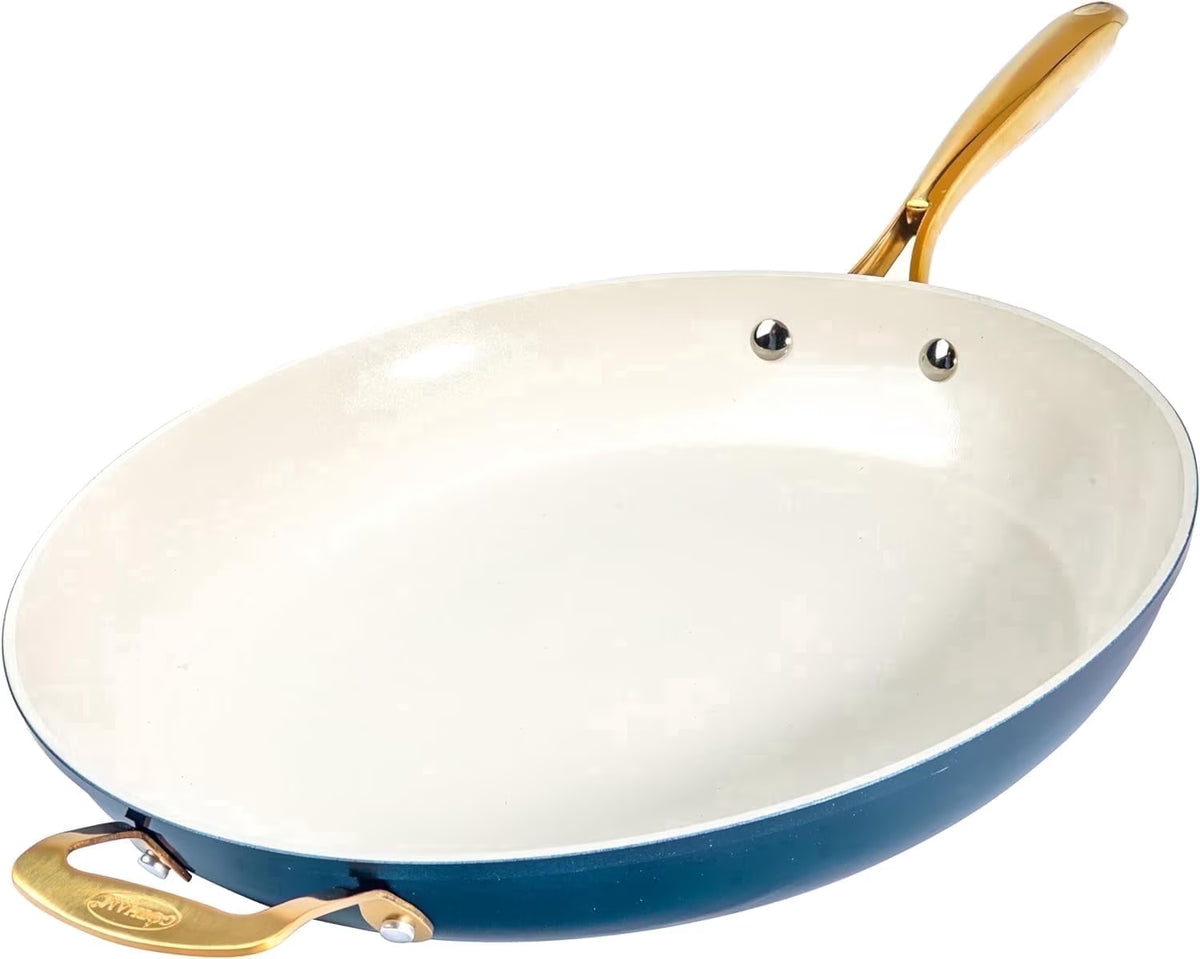 Gotham Steel 14 Inch Large Frying Pan, Ceramic Non Stick Frying Pans Skillet, Non Toxic Frying Pans Nonstick for Sauté & Cooking, Oven & Dishwasher Safe, Navy/Cream with Gold Handles