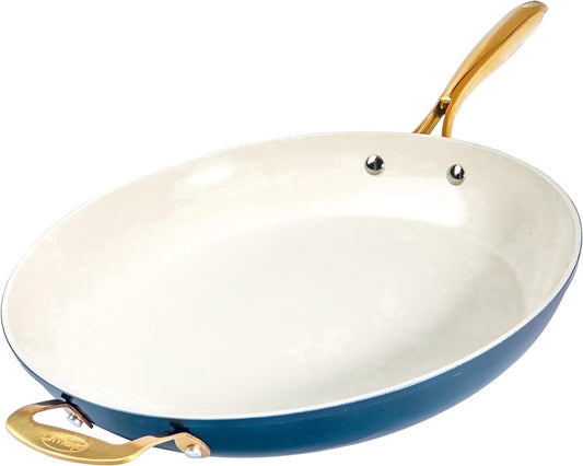 Gotham Steel 14 Inch Large Frying Pan, Ceramic Non Stick Frying Pans Skillet, Non Toxic Frying Pans Nonstick for Sauté & Cooking, Oven & Dishwasher Safe, Navy/Cream with Gold Handles