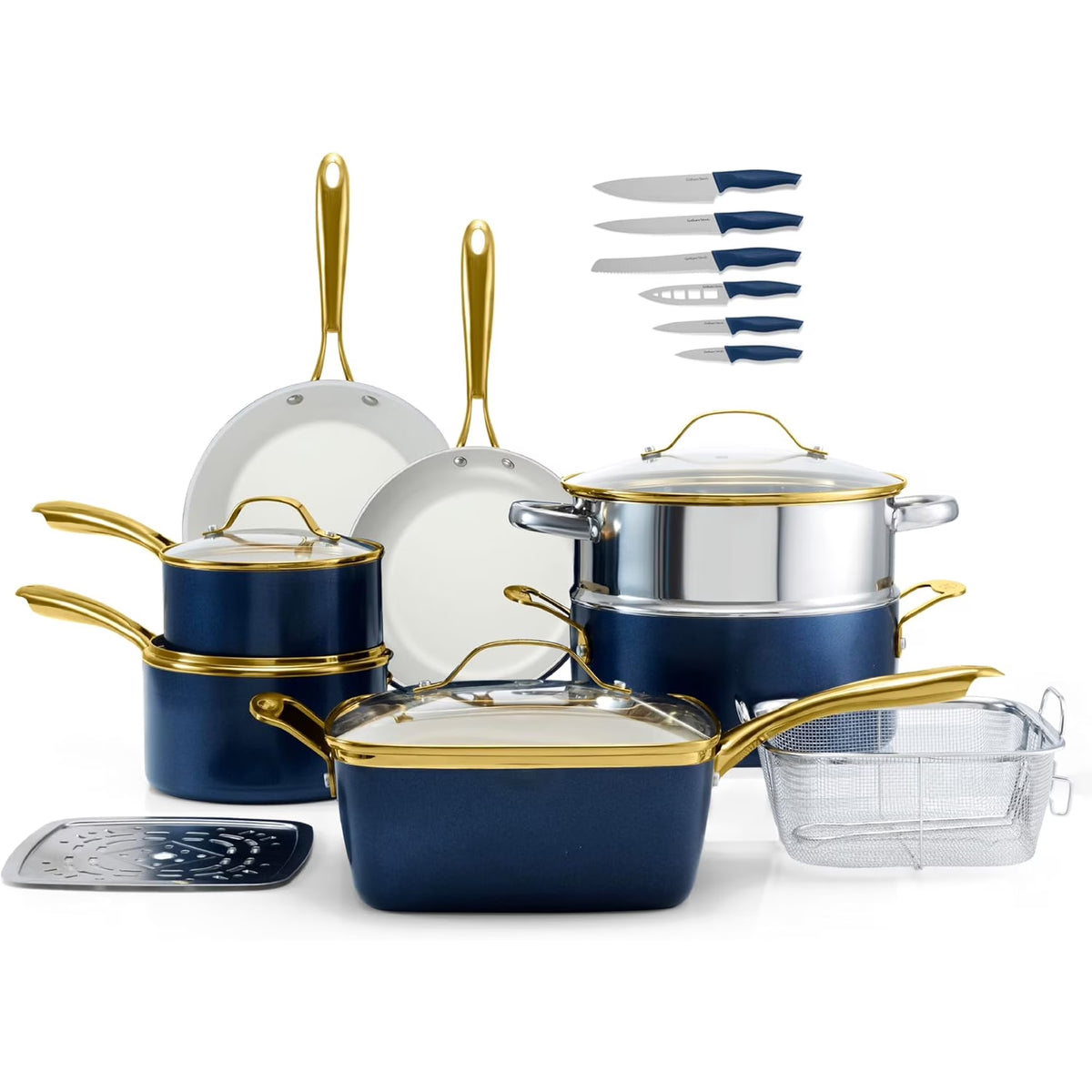 Gotham Steel 20 Pc Ceramic Pots and Pans Set Non Stick, Kitchen Cookware Sets with Knife Set, Pot and Pan Set, Ceramic Cookware Set, Non Stick Pots and Pan Set, Oven and Dishwasher Safe
