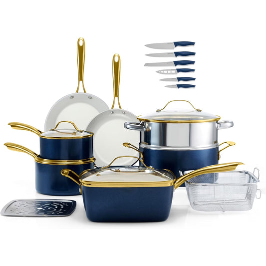 Gotham Steel 20 Pc Ceramic Pots and Pans Set Non Stick, Kitchen Cookware Sets with Knife Set, Pot and Pan Set, Ceramic Cookware Set, Non Stick Pots and Pan Set, Oven and Dishwasher Safe