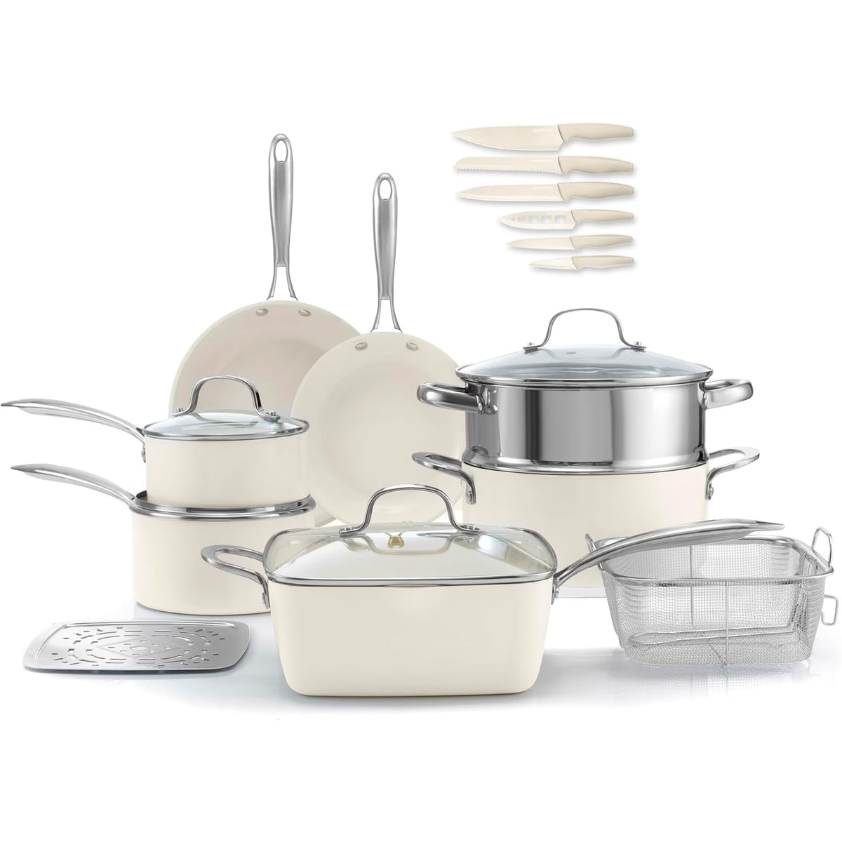 Gotham Steel 20 Pc Ceramic Pots and Pans Set Non Stick, Kitchen Cookware Sets with Knife Set, Pot and Pan Set, Ceramic Cookware Set, Non Stick Pots and Pan Set, Oven and Dishwasher Safe