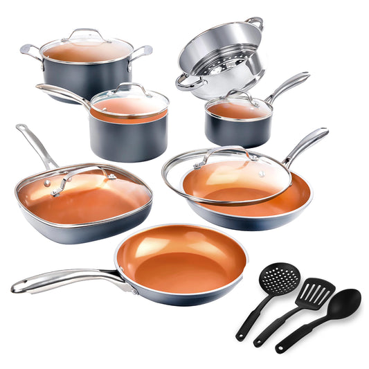 Gotham Steel 15 Piece Ceramic Cookware Set, Nonstick, Nontoxic, Oven & Dishwasher Safe, Stay Cool Handles Ceramic Cookware Set, Copper