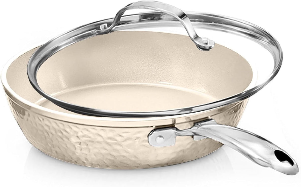 Gotham Steel Hammered 10 Inch Non Stick Frying Pans with Lid, Frying Pans Nonstick w/ Lid, Healthy and Non Toxic Ceramic Pan for Cooking, Nonstick Frying Pan, Induction Pan, Dishwasher Safe – Cream